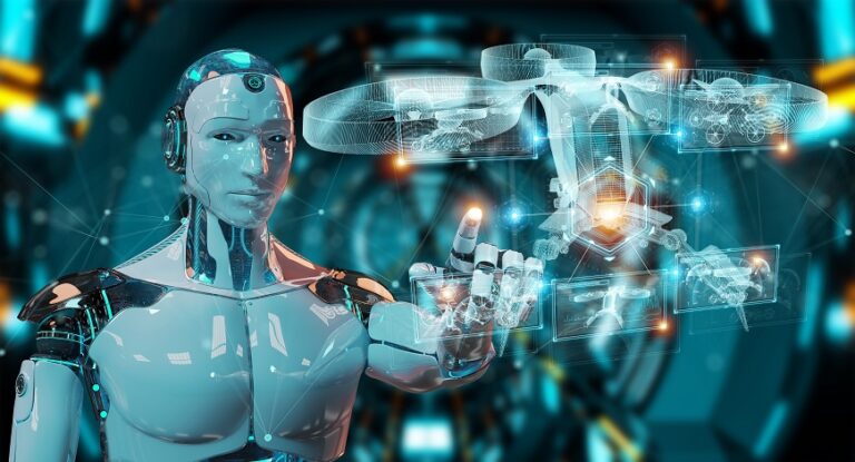 Robot,On,Blurred,Background,Holding,And,Touching,Holographic,Drone,Projection