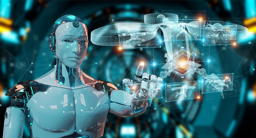 Robot,On,Blurred,Background,Holding,And,Touching,Holographic,Drone,Projection